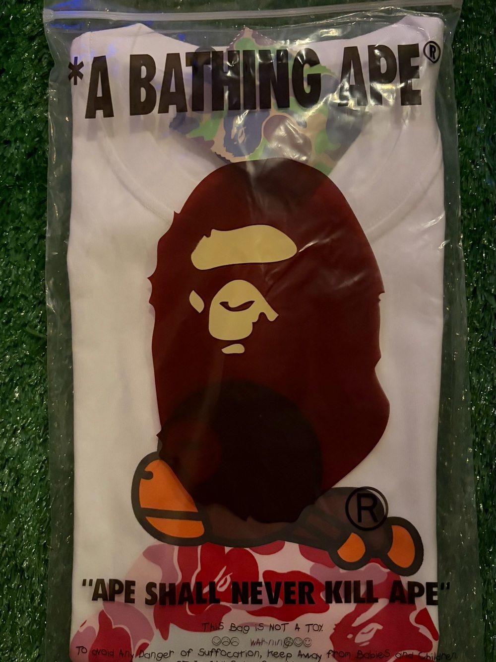 Bape White Tee with Brown and Orange Ape Graphic
